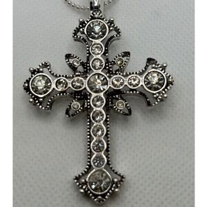 Silver Tone Rhinestone Cross Pendant Necklace Gothic Christian Pendant Necklace